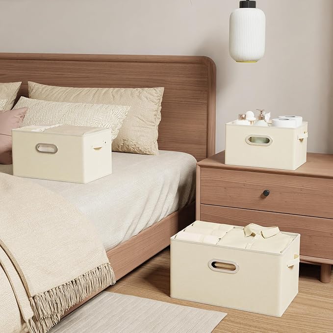Foldable Cloth Basket with 4 Handles, Decorative Open Storage Boxes, Stackable Cube Organization, Fabric Bins for Shelves, Closet, Living Room, 13x9.1x7.9in, Beige, 2 Pack