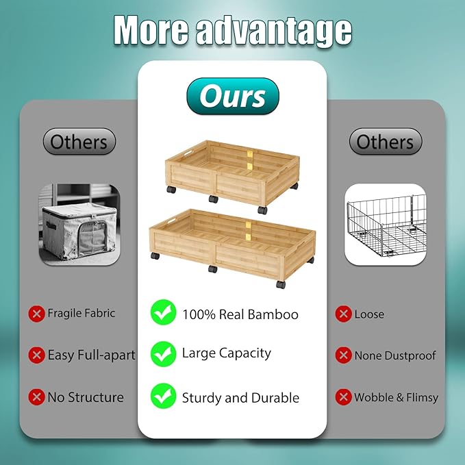 WISUCART Wood Under Bed Storage Containers Underbed Organizer with Wheels Sturdy Wood Rolling Under Bed Shoe Storage Organizer 2 Packs (Nature, Small)