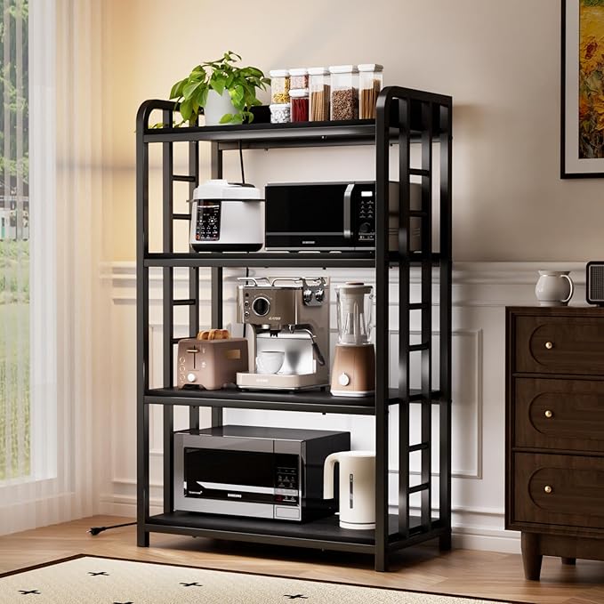 Adjustable Bakers Rack with Power Outlet, 4 Tier Microwave Oven Stand, Heavy Duty Kitchen Storage Rack for Garage Dining Room, Black