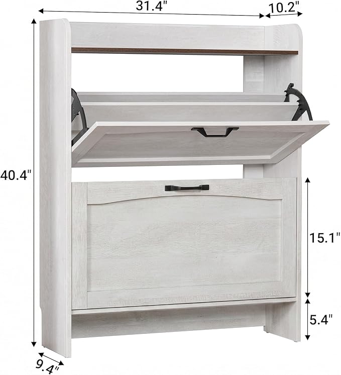 Shoe Storage Cabinet with 2 Flip Drawers and Adjustable Shelves, 31.5“W Farmhouse Hidden Shoe Storage, Narrow Shoe Cabinet Storage for Entryway, Hallway, Warm Grayish White