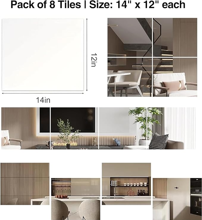 8 Pack 14x12 Inch Shatterproof Acrylic Mirror Tiles – Self-Adhesive, Unbreakable Wall Mirrors for Kids, Toddlers, Bedroom, Bathroom & Home Gym – Flexible, Safe & Easy Install