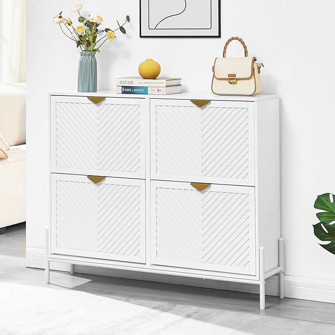 Shoe Cabinet Storage with 4 Flip Drawers, Narrow Hidden Shoes Organizer Cabinet for Entryway, Freestanding Slim Shoe Rack Front Door Entrance(White)