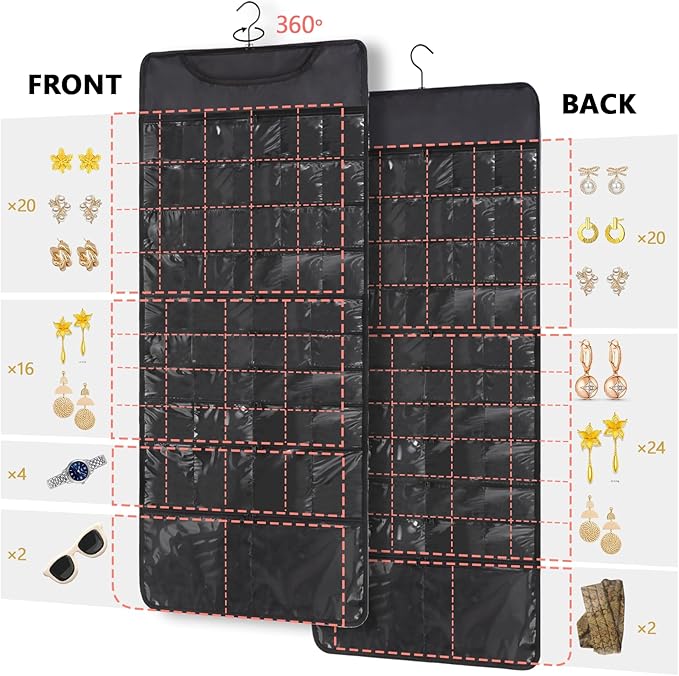 FOREGOER Hanging Jewelry Organizer Storage with 88 Zippered Pockets,Dustproof Foldable for Travel,Double-Sided Accessories Organizer Holder for Earring Necklace Ring on Closet Wall Door(Black,1 Pack)