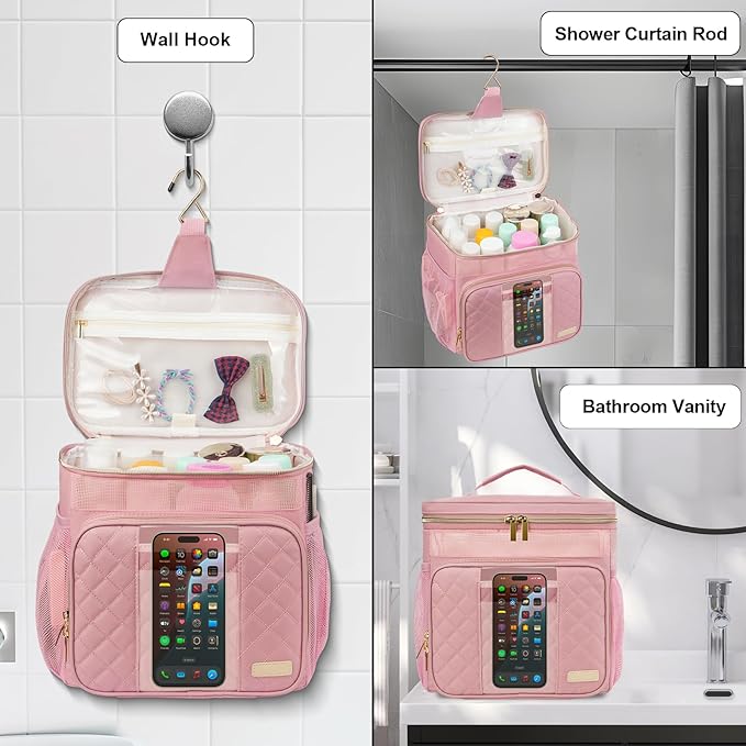 Portable Shower Caddy College Dorm Essentials (Full Size Bottle Compatible), Toiletry Bag for Women Men, Hanging Makeup Bag with Quickly Dry Mesh Base for Travel,Gym & Camping,Pink