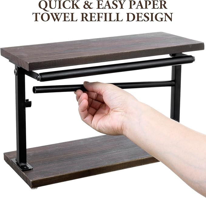 MyGift Kitchen Countertop Paper Towel Holder and Condiment Display Shelf Rack, Rustic Burnt Wood and Metal Towel Dispenser with Top Shelf for Bathroom or Kitchen