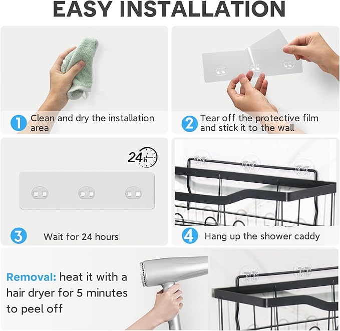 20 Pack Shower Caddy Adhesive Replacement, Strong Adhesive Hooks for Shower Caddy, Waterproof Shower Adhesive Strips, No Drilling,for Bathroom Storage Shelves and Kitchen Racks