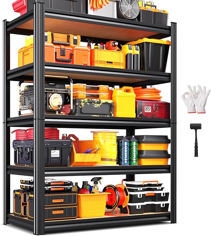 Storage Shelves,Adjustable Shelving Unit,5T Wood Garage Shelving ,Heavy Duty Garage Storage Shelves, Quick-Install Metal Shelving Unit Utility Rack Shelf for Warehouse, Pantry71.2’H*35.4’W*15.7’D