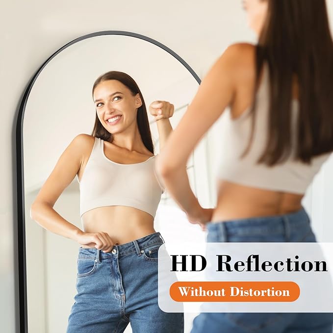 NEWBULIG 63.8"x20.8" Arched Full Length Mirror, Full Body Floor Mirror with Aluminum Alloy Thin Frame, Wall or Standing Mirror for Bedroom, Living Room, Dressing Room, Black