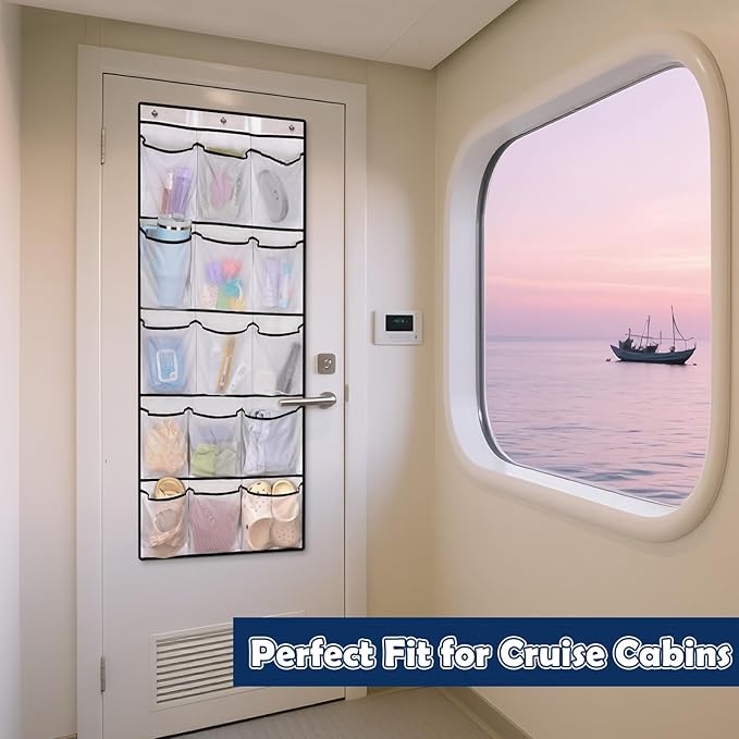 Over The Door Cruise Ship Organizer - Cruise Ship Magnetic Door Organizer with 15 Size-Graded Pockets, Hanging Magnetic Cruise Storage Shoe Rack for Cabin, 2026 Cruise Essential, 9 Hooks(White)