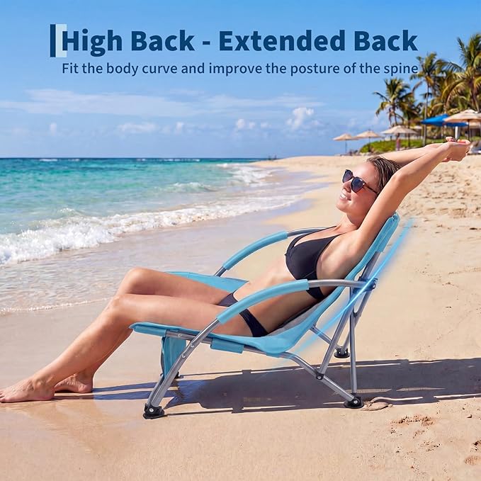 Garvee Low Beach Chair 2 Pack, Folding Portable Beach Chairs for Adults, Lightweight Extra Wide Seat Chair with Cup Holder, Storage Pocket & Carry Bag for Camping, Beach, Travel - 2PC