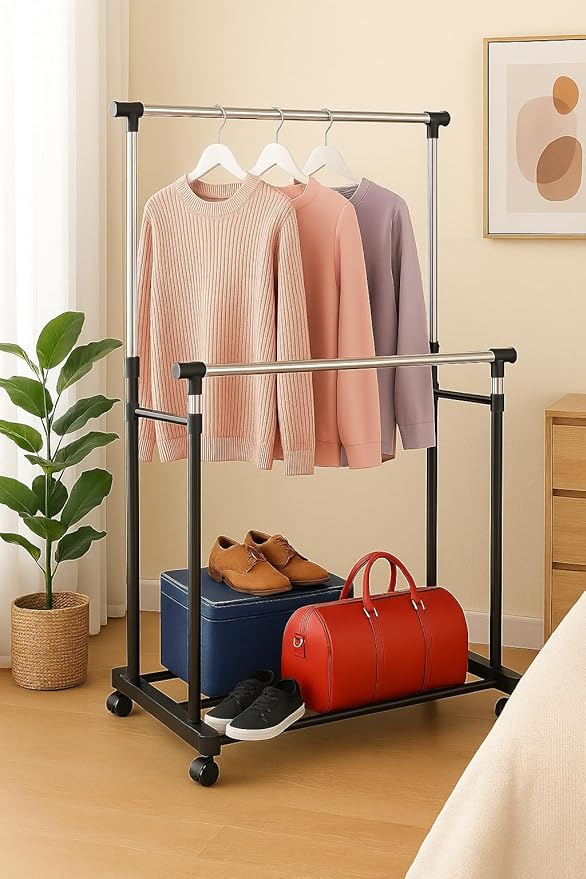 Heavy Duty Garment Rack with Sturdy Wheels | 450 lb Load Capacity | Adjustable Metal Clothing Anti-Slip Rack for Hanging Clothes, Lockable for Stability (Double Rod)