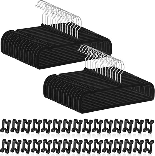 30 Pack Velvet Pants Hangers Non Slip, Black Flocked Trouser Hangers with Swivel Hook, Space Saving Slim Clothes Hanger for Closet, Jeans, Shirts and Dresses
