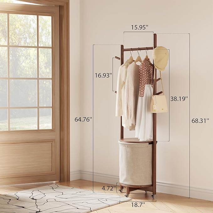CycleCrew Solid Wood Coat Rack with Fabric Basket - Freestanding Coat Rack Rolling Coat Tree with 9 Hooks Wheels, Small Clothes Rack For Entryway Bedroom Hallway Living Room