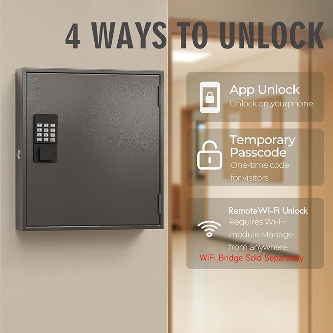 WeHere 120-Key Smart Key Lock Box – Wall Mounted Key Cabinet Organizer with App Access, One-Time Code, Bluetooth & WiFi Unlock (Sold Separately), Key Management System for School, Rental, Office
