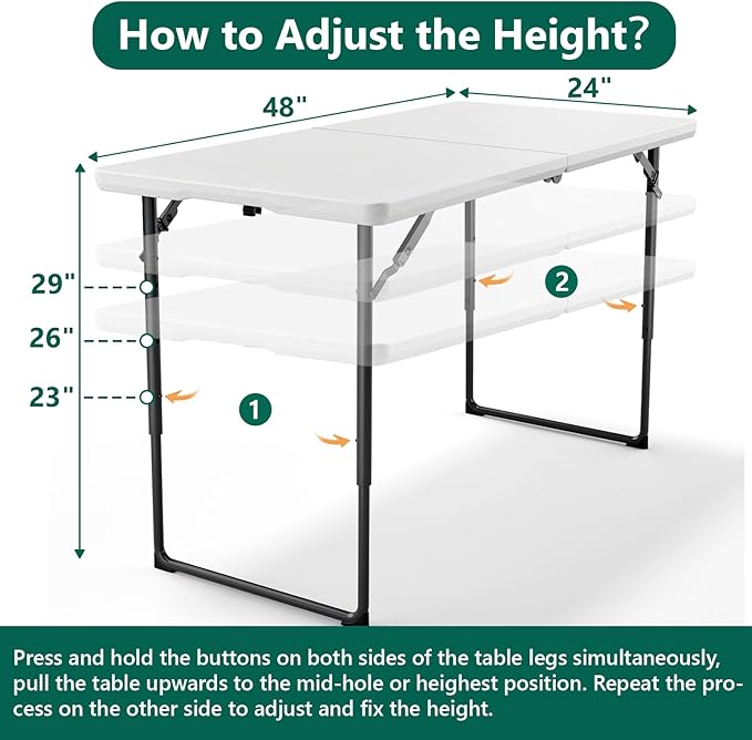Folding Table 1 Pack, 4FT Folding Table with Adjustable Height, Heavy Duty Plastic Foldable Table Portable, Steel Legs Supports to 300lbs, Suitable for Party, Camping, Events Indoor&Outdoor Use, White