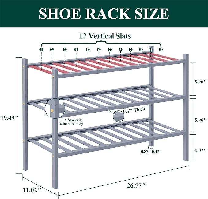 Smiry Bamboo Shoe Rack, 3 Tier Free Standing Wooden Shoe Organizer, Stackable Wood Shoe Storage Shelf for Closet, Entryway, 12 Vertical Slats, 2+1 Stack Standard Legs, 26.8"x11"x19.5", Grey