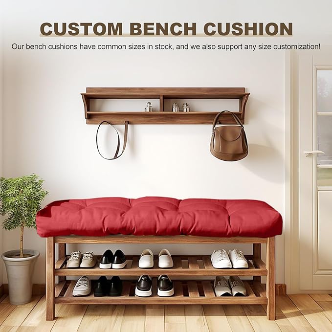 Bench Cushion 45 inches,Indoor/Outdoor Non-Slip Tufted Cushions, Premium Waterproof Linen, Soft Piano Sofa Cushions, Entryway Storage, Bay Window, High-Density Memory Foam(Dark Red-45x18x4in)