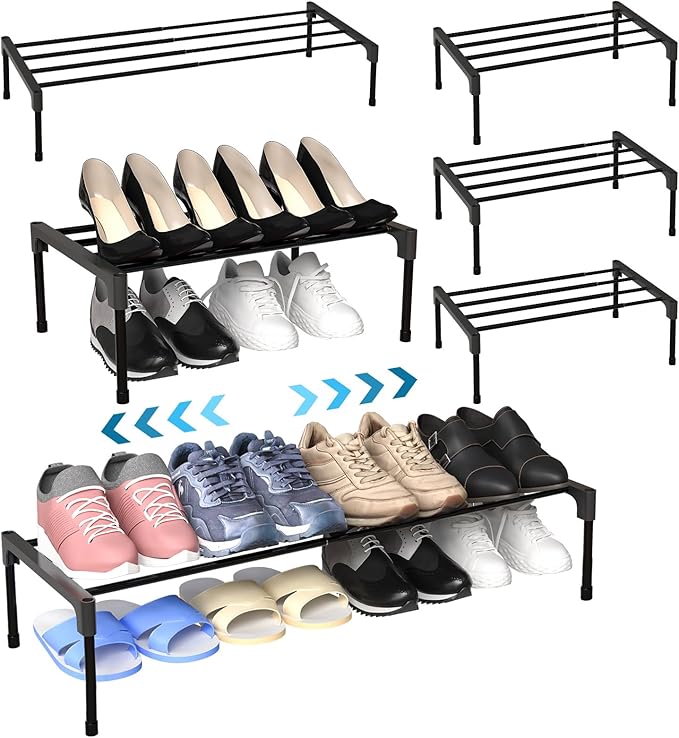 Teenyyou 4 Pcs Expandable Shoe Rack 17 ''-30 '' Adjustable Shoe Shelf Metal 1 Tier Rack Black Stackable Organizer for Cabinet Entryway Closet Doorway Front Door Small Space Dorm Room Storage