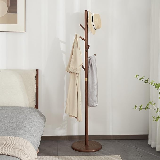 Coat Rack, Solid Wood Coat Rack Freestanding with 6 Hooks, Wooden Coat Tree Freestanding for Hats, Handbags, Coat Stand for Entryway, Bedroom, Hallway - Ideal Gift (Walnut)