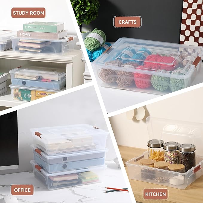 novelinks Clear Plastic Storage Bins with lids, Stackable Storage Containers, Durable Craft Storage Boxes, Organization Containers for Home Office (10 Quart 4 Pack Brown)