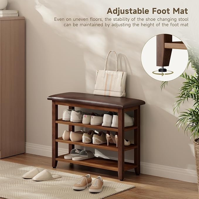 Shoe Bench with Leather Cushion,Wood Bench with Shoe Rack,3-Tier Shoe Storage Organizer for Entryway,Hallway,Living Room (3-Tier-31.5", Rubberwood)
