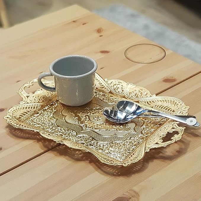 Gold Turkish Coffee Tea Serving Tray Table Home Decor Decorative Handle - Gold Vintage Brass Fancy Rectangle Style Traditional Rustic Bar Outdoor Wedding Arabic Farmhouse Wedding Decor Tray