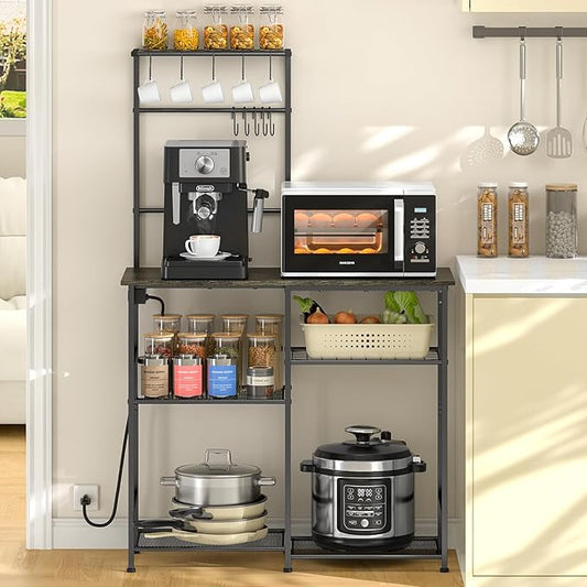 3IngSeagulls Bakers Rack with Power Outlet, Kitchen Microwave Stand with 10 S-shaped Hooks, 6-Tier Coffee Bar Station, Kitchen Storage Shelf Rack for Spices, Pots, Gray