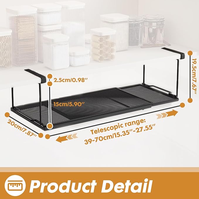 PowerKing Expandable Under Cabinet Shelf, Adjustable Length Under Shelf Storage with Thick Clips 10lbs Capacity for Kitchen, Laundry, Shoe, Under Office Desk & Wardrobe Partition (Black, 7.67'' H)