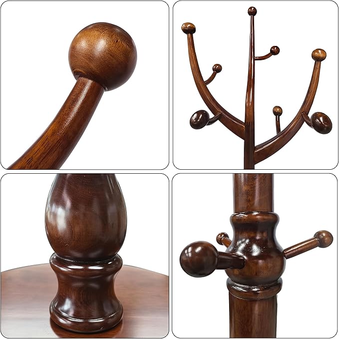 HOMEFORT Coat Rack Freestanding, Wooden Coat Tree Rack with 11 Hooks, Heavy Duty Wood Clothes Hanger with Sturdy Round Base, Vintage Coat Hat Stand for Entryway, Hallway, Bedroom,Walnut