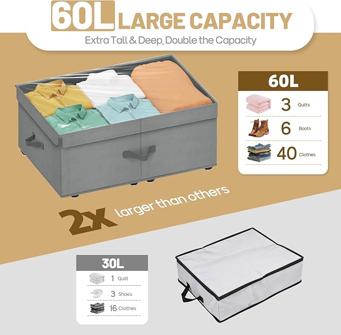 Large Under Bed Storage with Wheels, 10" Height Rolling Underbed Storage Containers Bins with Lid, Deep No-Assembly Under Dorm Bed Storage Drawers for Shoes, Clothes, Blankets (2 Pack, Grey)