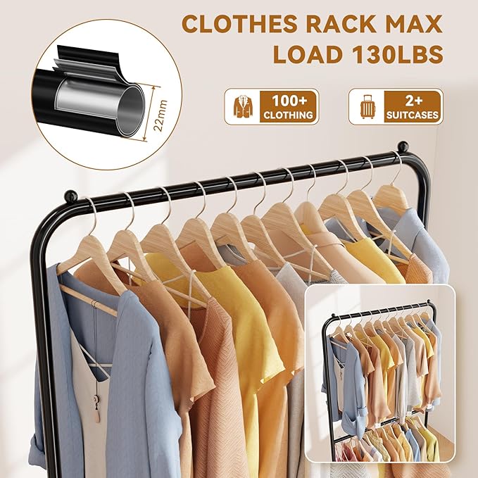 Standard Clothes Garment Rack, Portable Double Clothing Rack with Wheels and Bottom Shelf, Rolling Wardrobe Rack for Bedroom, Laundry Room, Black
