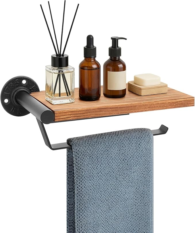 Hand Towel Holder/Towel Ring with Wooden Shelf, Hand Towel Rack, Hand Towel Hanger for Bathroom, Bath Accessories Wall Mounted, (Matte Black, 9.1"-Industrial Squ Shaped)