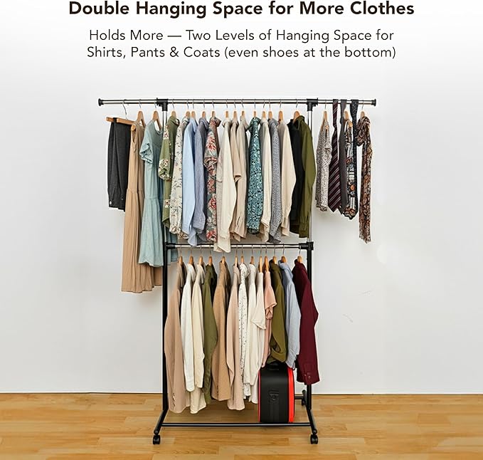 Displays By Jack Double Rail Clothes Rack, Adjustable Rolling Garment Rack on Wheels – Extendable Hanging Rods & Bottom Shelf for Bedroom, Laundry Room, Dorm, Retail
