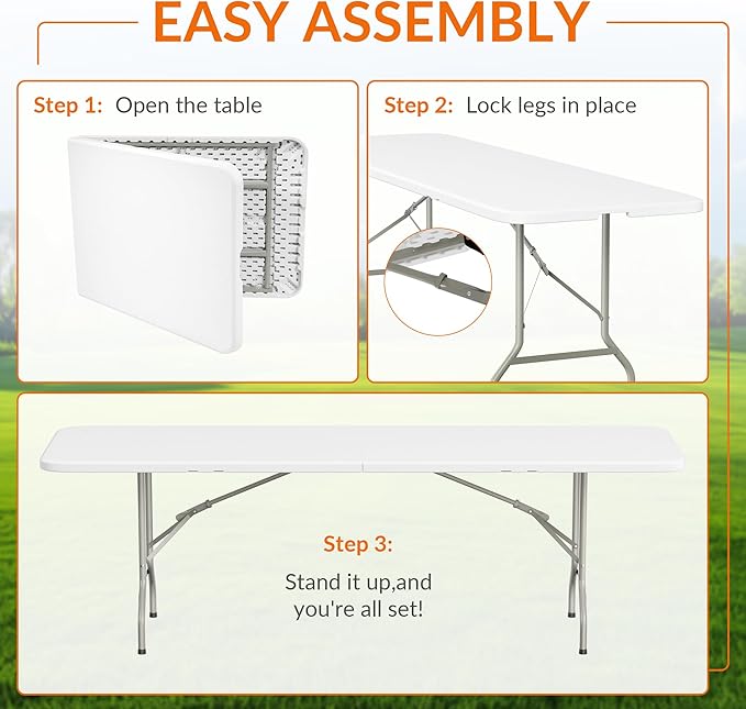 Elevon Folding Table Set with 10 White Folding Chairs,8 Feet Heavy Duty Fold-in-Half Utility Table Sets for Picnic, Event, Training, Outdoor Activities, at Home and Commercial Use