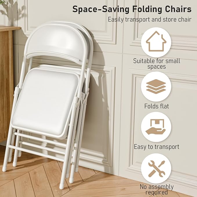12 Pack White Folding Chairs with Padded Cushion and Back for Outside Portable Stackable Commercial Foldable Chairs with Steel Frame for Events Office Wedding Party, 350lbs Capacity