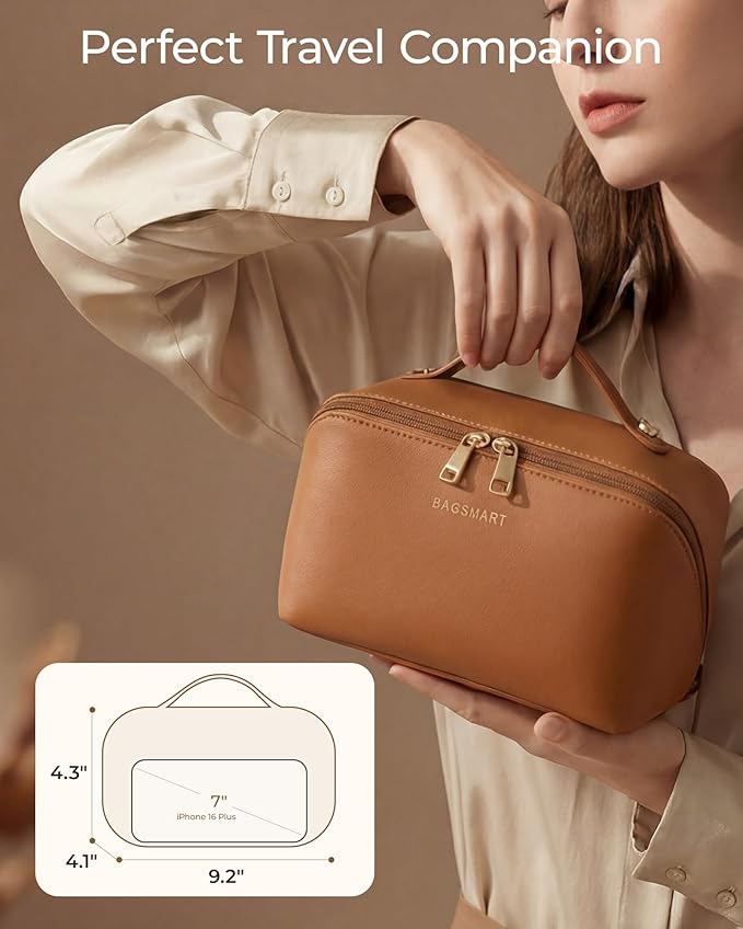 BAGSMART Makeup Bag Travel Cosmetic Bag, Large Make Up Bag Flat Open Toiletry Bag for Women, Waterproof PU Leather Travel Essentials Organizer Case, Wide-open Pouch Purse for Skincare, Brushes, Pink