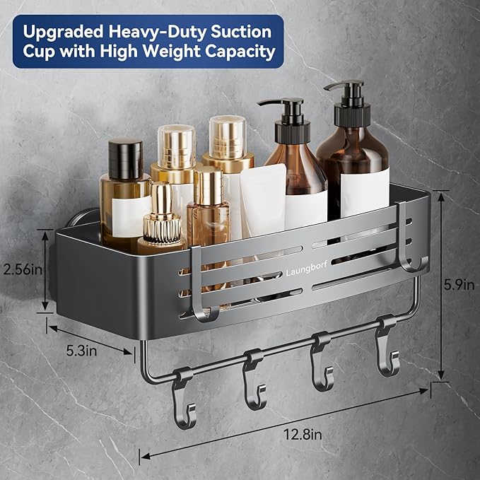 Rectangle Shower Caddy Suction Cup – Rustproof Aluminum Shelf with Towel Bar & Hooks, Laungborf No-Drill Removable Wall Storage for Bathroom (Matte Gray, 1 Pack)