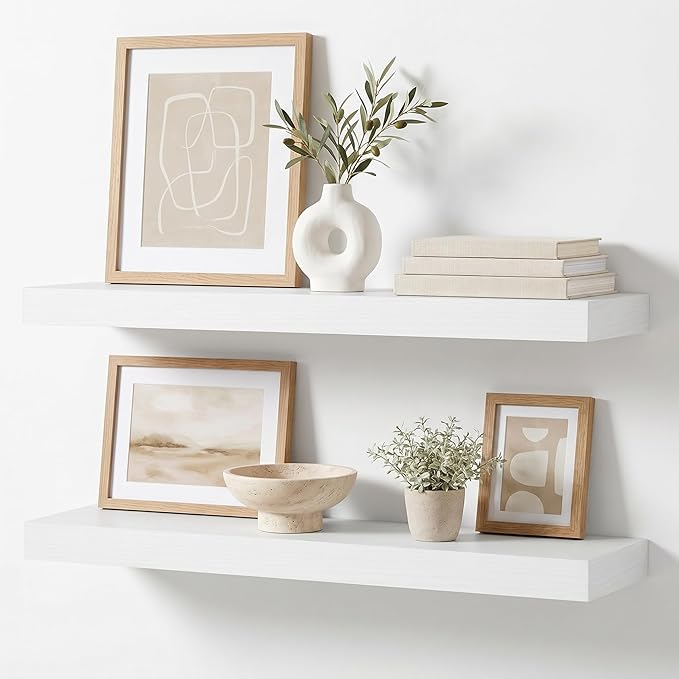 White Floating Shelves Set of 2, 24 Inch Wall Mounted Wood Shelves for Bathroom Over Toilet, Bedroom, Living Room, Kitchen & Office Storage, Modern Display Shelves