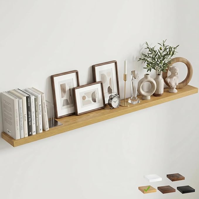 Venusmiles Floating Shelves for Wall, 72 Inch Floating Shelves Set of 1, 6.5" D Wooden Wall Mounted Display Shelves with Invisible Brackets for Living Room, Bedroom, Bathroom, Kitchen Decor, Oak