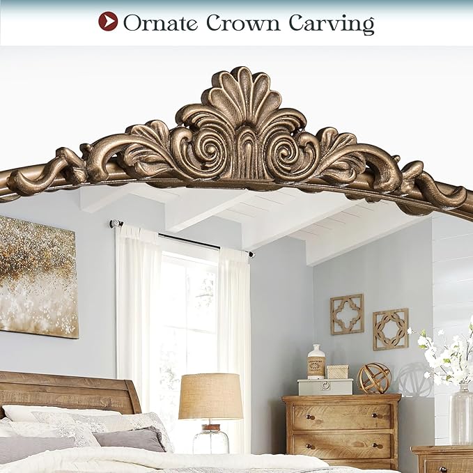 30" x 40" Antique Gold Arched Mirror for Wall, Vintage Brass Bathroom Tempered Mirror with Metal Frame, Bronze Ornate Gold Vanity Mirror for Entryway, Mantel, Powder Room