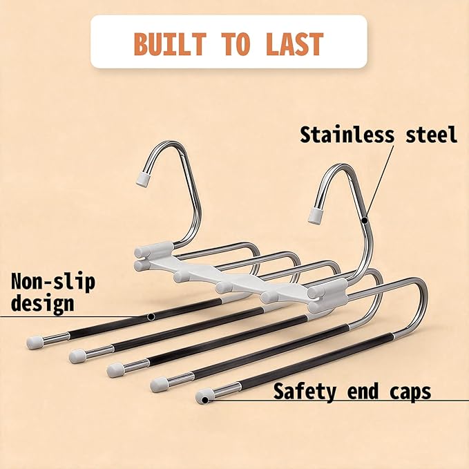 Pants Hangers Space Saving 5 Tier - 4 Pack Closet Organizers and Storage Closet Organizer,Anti-Slip Design,Closet Organizers and Storage for Pants Jeans Skirts Scarf Legging
