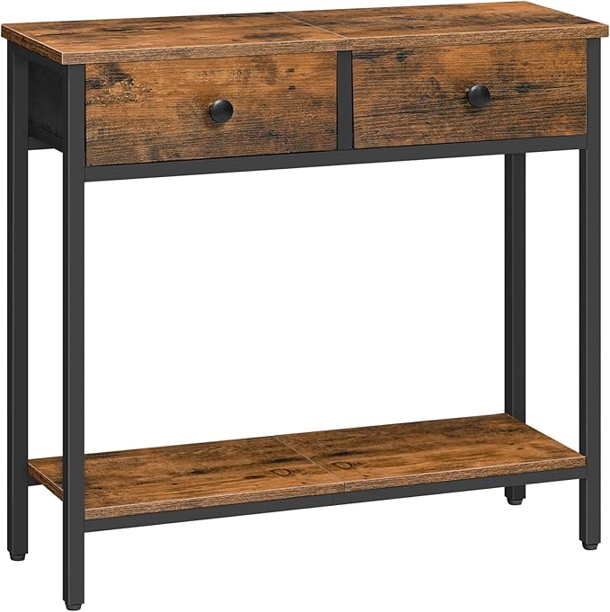 HOOBRO 29.5" Narrow Console Table with 2 Fabric Drawers, Small Entryway Table with 2-Tier Storage Shelves, Sofa Table, Behind Couch Table, for Living Room, Hallway, Rustic Brown and Black BF71XG01