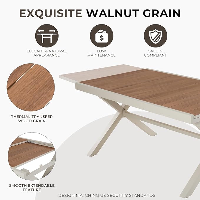 Grand patio 7-Piece Outdoor Dining Set, 6 Extra-Wide Folding Chairs & 1 Rectangle Expandable Table for 6-8 Person, Sling Mesh Patio Chairs with Wood Grain Table for Yard, Poolside, Deck, Apricot