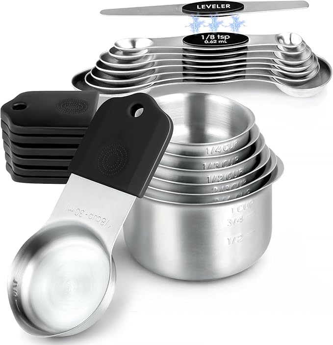 Magnetic Measuring Cups & Spoons Set, Strong N52 Magnets, Heavy Duty 304 Stainless Steel Fits in Spice Jars for Baking & Cooking, BPA Free, Round Set of 15 with Leveler,Dark Black