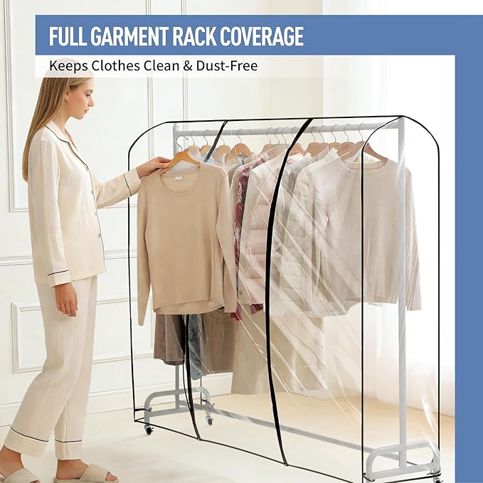Clear Garment Rack Cover 63" L x 20" W x 60" H, Clothes Rack Cover with Reinforced Double Zippers, Waterproof PEVA Dustproof Protection – Cover Only, Rack Not Included