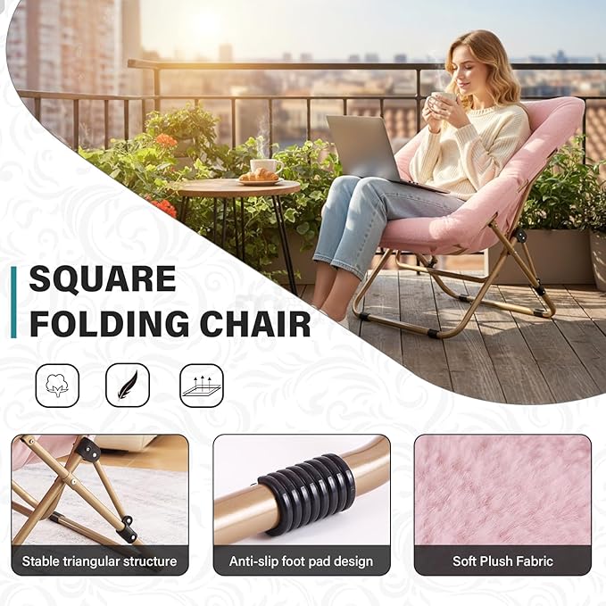 Tiita Comfy Folded Chair, Soft Faux Fur Oversized Folding Accent Chair, Lazy Chair for Teens Adults, Metal Frame Moon Chair for Bedroom, Living Room, Dorm Rooms, X-Large Pink