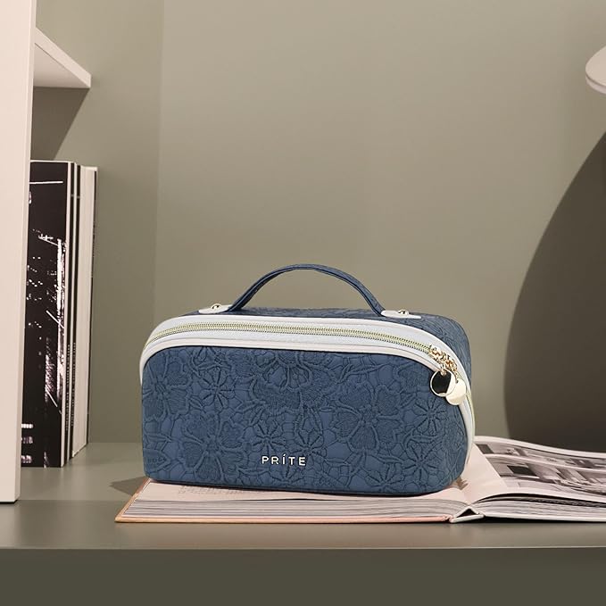Prite Makeup Bag for Women Travel Waterproof Vegan Leather Cosmetic Bag Open Flat Toiletry Bag With Clear Divider and Handle (Blue Flower, Medium)