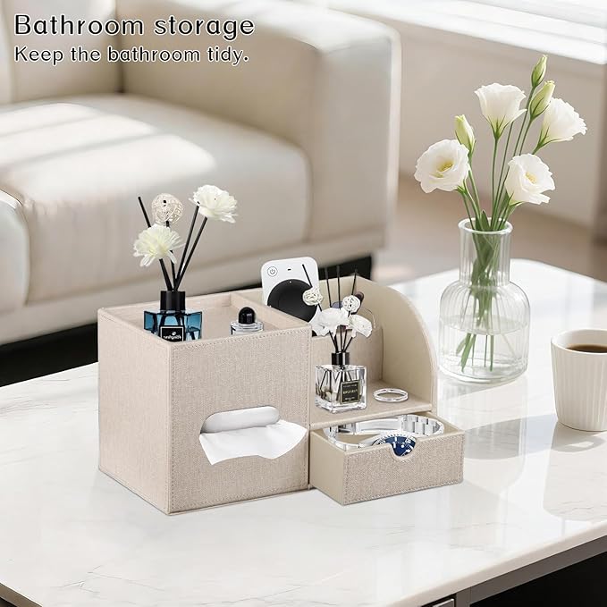 Square Tissue Box Cover with Drawer Storage and Tray on Top, PU Leather Tissues Cube Boxes Holder, Modern Nightstand Organizer Caddy, Remote Control Holder for Bathroom, Bedside, Office, Home