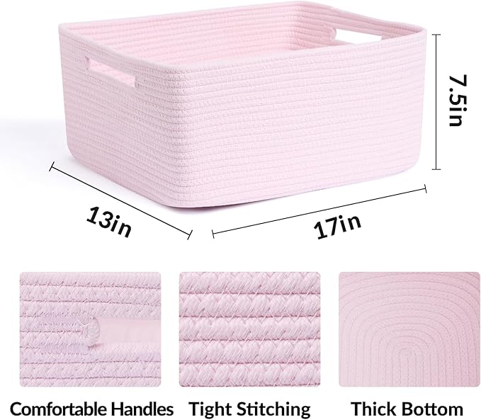 MiniArk Large Storage Baskets for Shelves, Closet Organizers Bins for Clothes Blanket Towels, Baby Nursery, Toy Baskets Box, Woven Rope Baskets, 17 x 13 x 7.5”, 3 Packs Light Pink