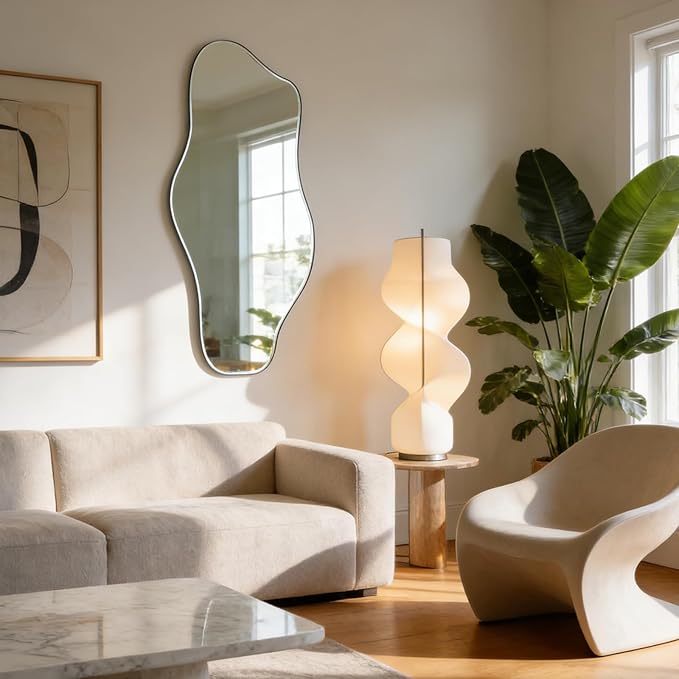 Irregular Wall Mirror, 47.2"x24" Silver Asymmetrical Tempered Glass Mirror, Modern Organic Shaped Frameless Mirrors for Living Room Bedroom Hallway Entryway, Horizontal or Vertical Hanging
